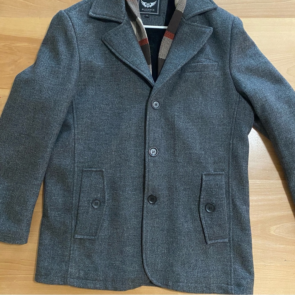 Gray Men's Pea Coat Fleece lined Removable scarf Large